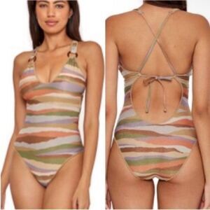 BECCA Gold and Pink One Piece Swimsuit with Criss-Cross Back